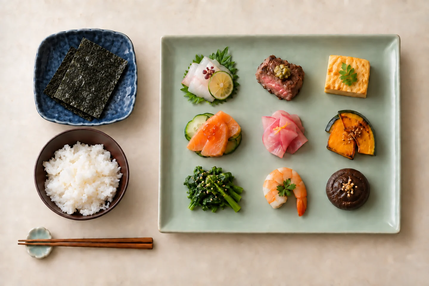 Top-down meal concept: rice and two nori sheets on the left, nine small pairings on a celadon platter on the right