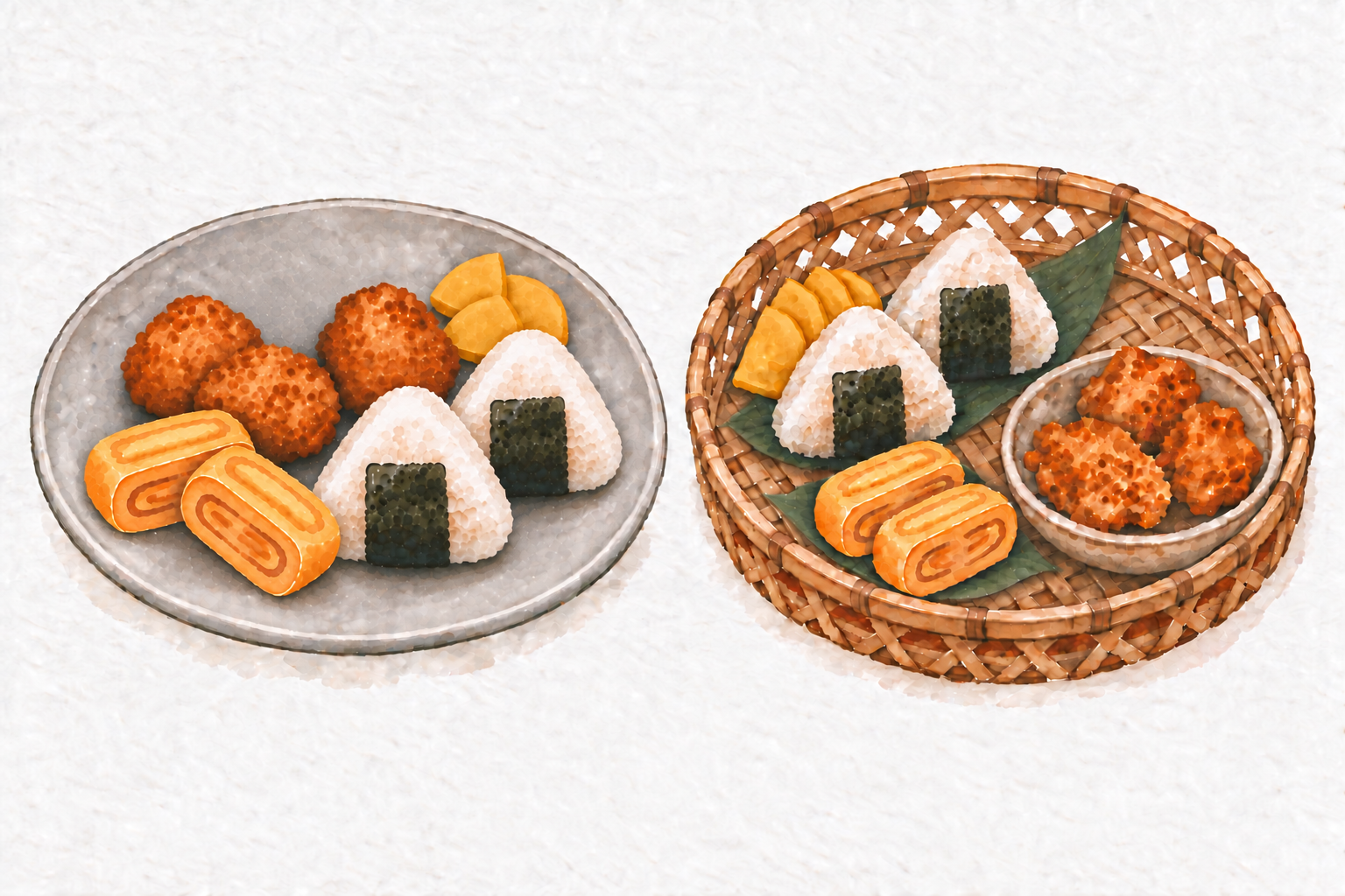 Watercolor comparison of the same Japanese meal on a ceramic platter and in a bamboo serving basket